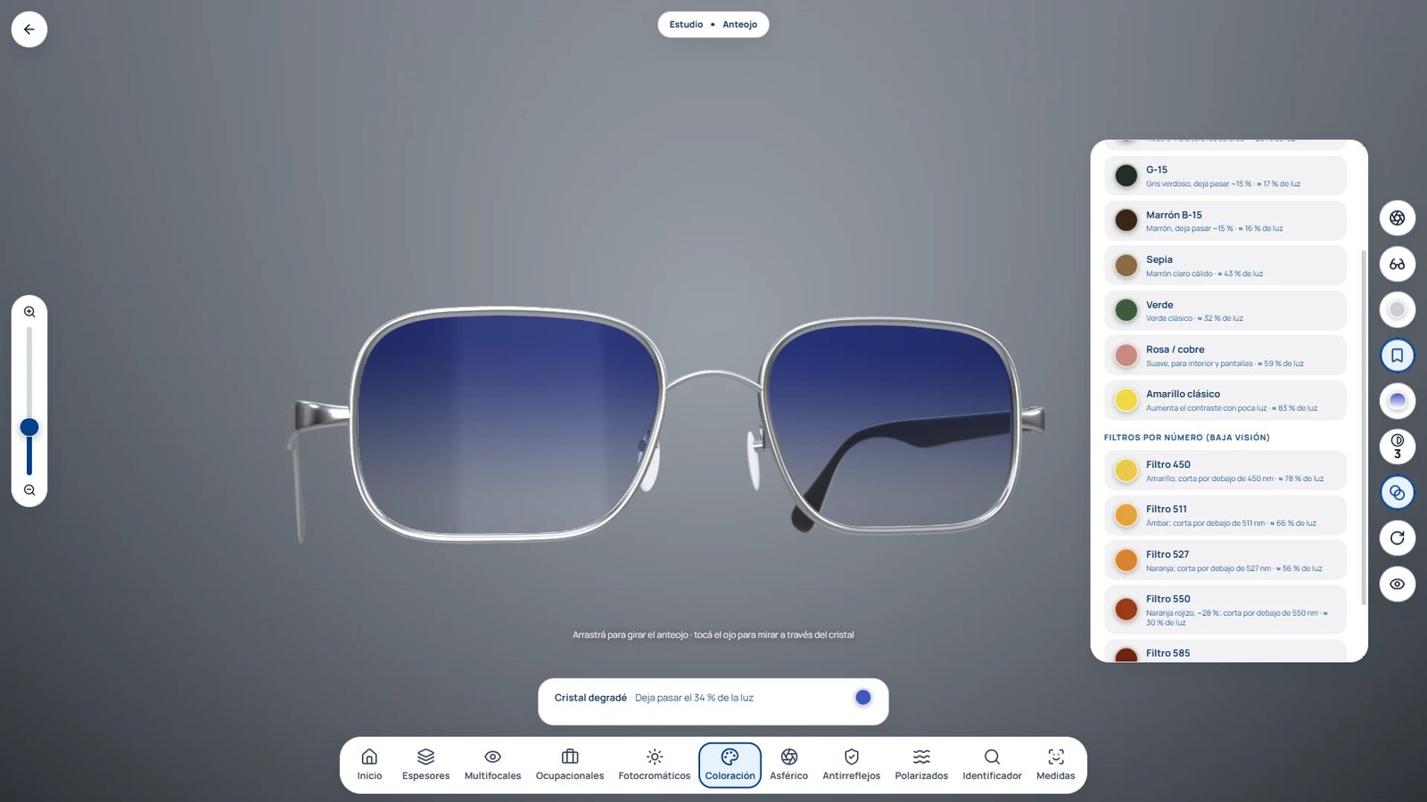 Simulador de coloración con un anteojo 3D de cristal degradé azul y la lista de colores y filtros disponibles