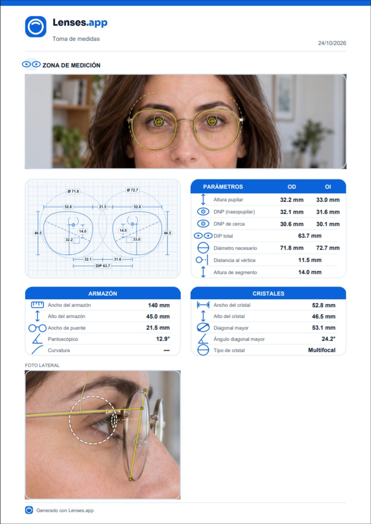Informe de medidas en PDF de Lenses.app: foto de frente con las marcas, dibujo de los cristales con sus medidas, y tablas de parámetros, armazón y cristales