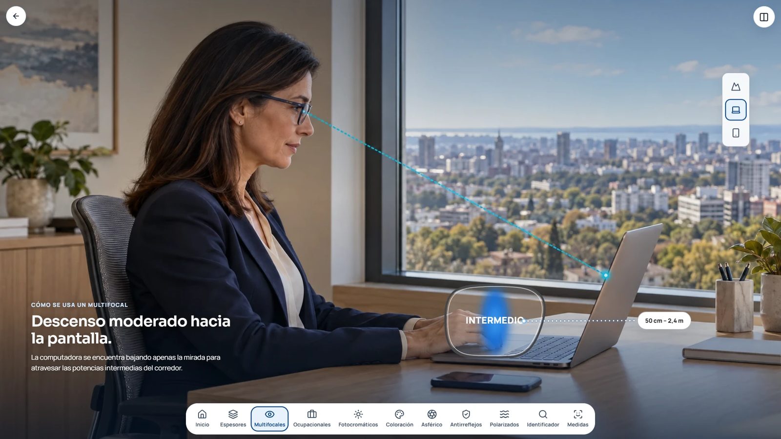 Simulador de multifocales: una mujer trabaja con una notebook y el cristal marca la zona intermedia por la que mira